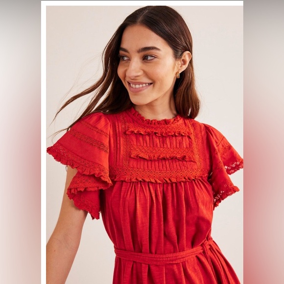 NWT Boden Red/Rust Orange Short Sleeve Lace Yoke Dress Size 16/18L *No Belt* - Picture 3 of 12